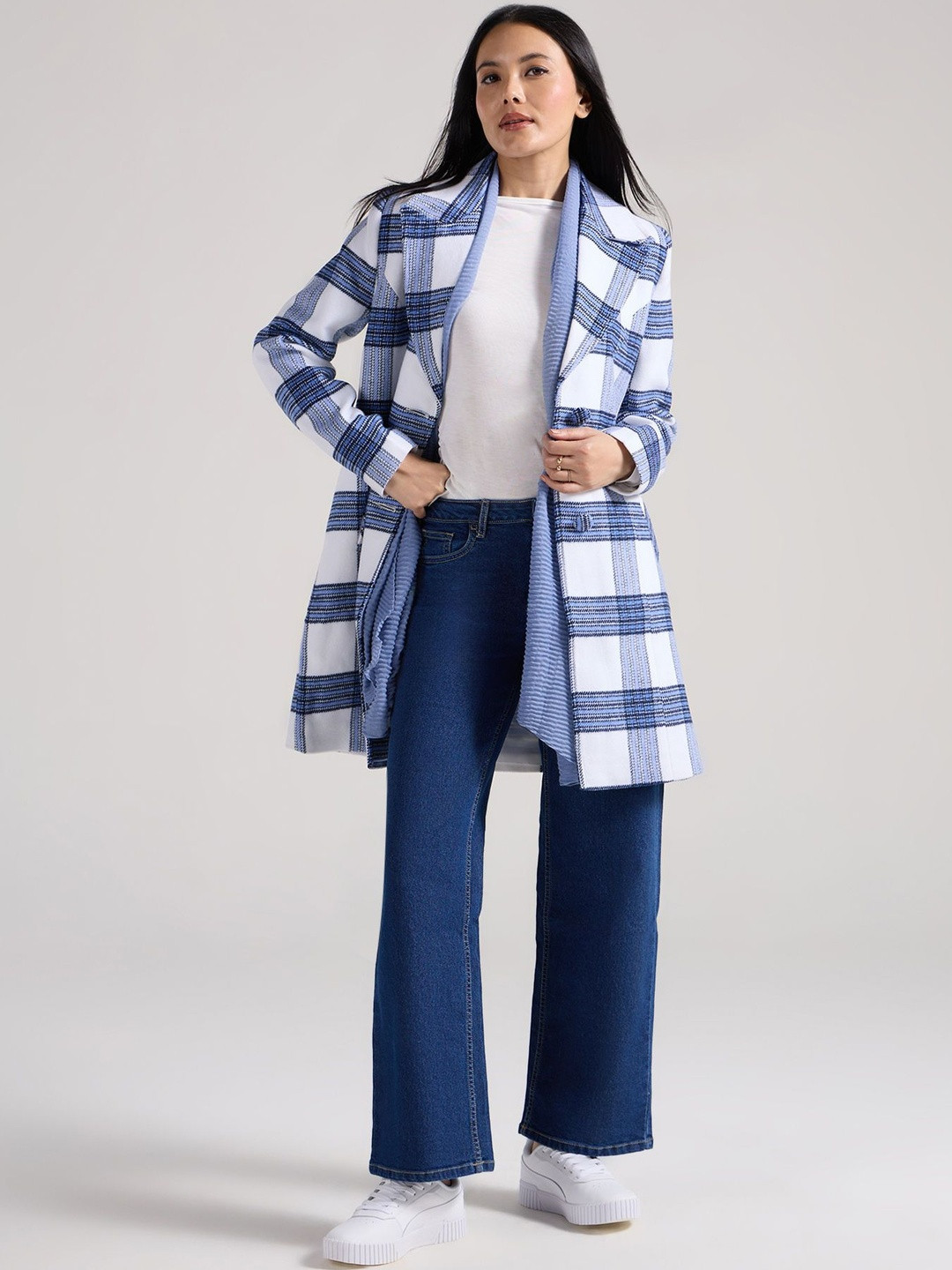 20Dresses Women Checked Single-Breasted Lapel Collar Long Overcoat Coats