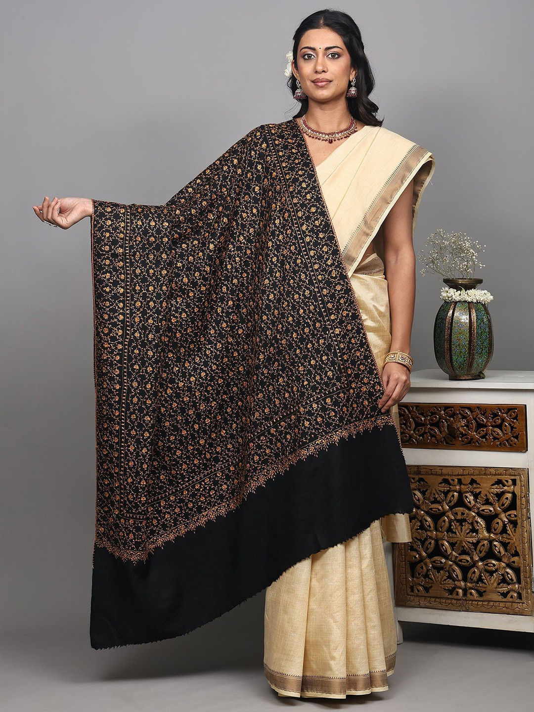Exotic India Pure Wool Shawl From Kashmir With Jaaldar Sozni Embroidery