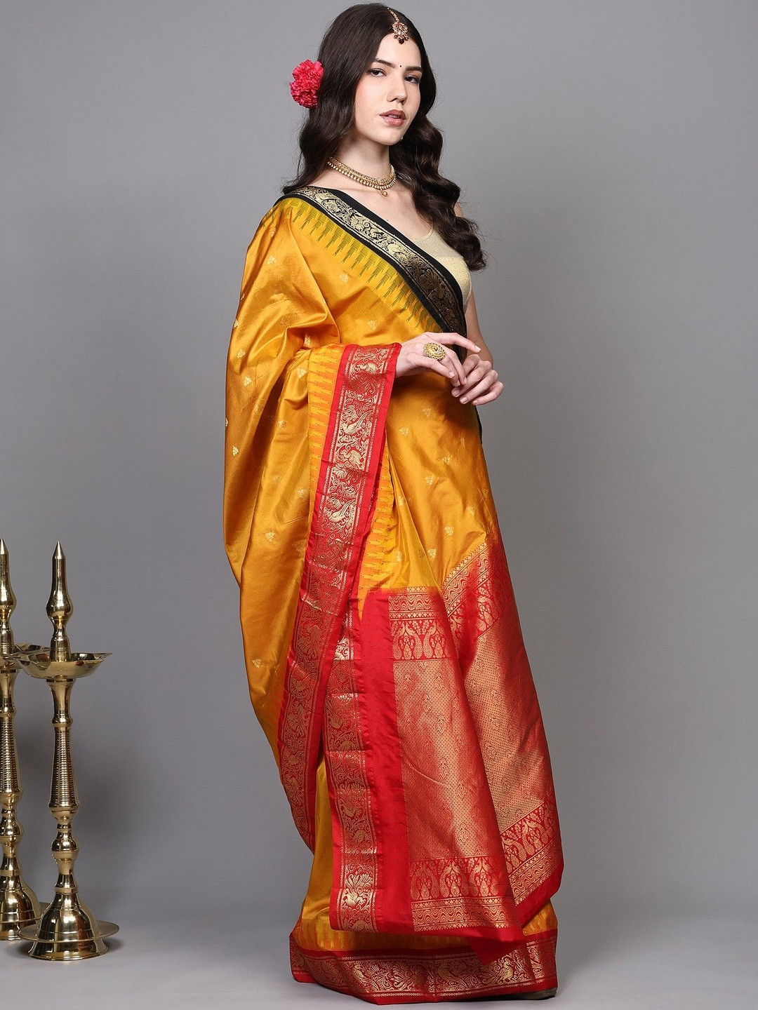 Exotic India Saree from Bangalore and Contrast Temple Border with Zari woven Peacocks