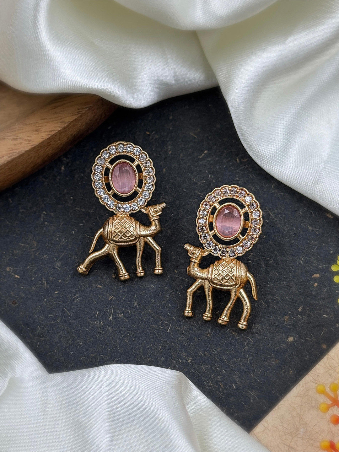 NAMAN ARTS Rose Gold-Plated Artificial Stones Studded & Beaded Oxidised Drop Earrings