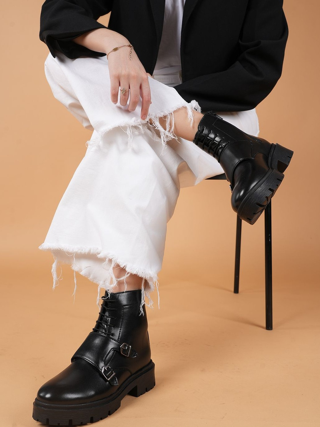 DROP BOLD Women Solid Block Heel Monk Straps Lace Up Boots