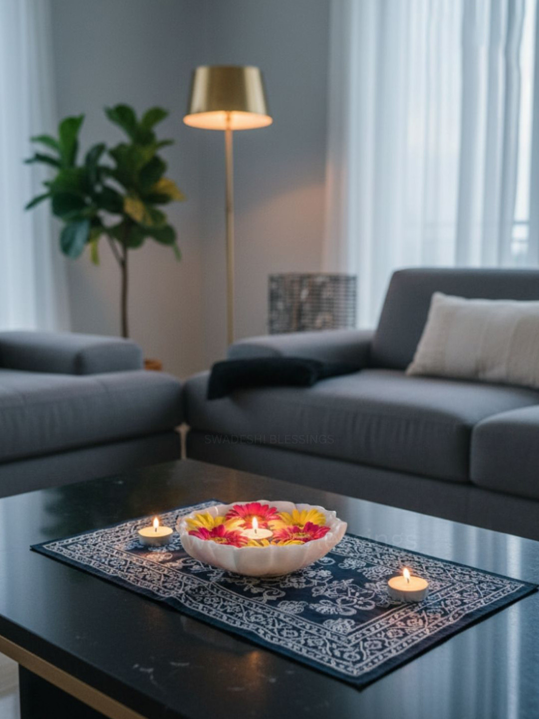 Swadeshi Blessings White Lotus Marble Decorative Bowl - 22.86 cm