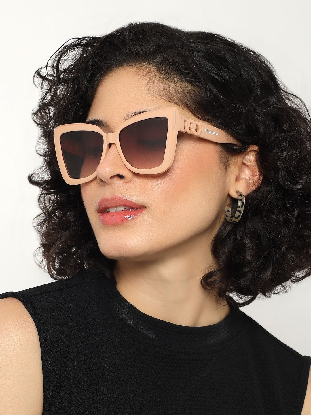 PELLE LUXUR Unisex Brown Lens & Red Cateye Sunglasses with