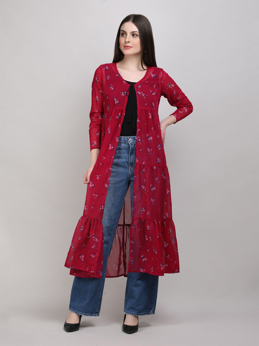 AB Collection Red & Black Floral Printed Longline Tie-Up Shrug