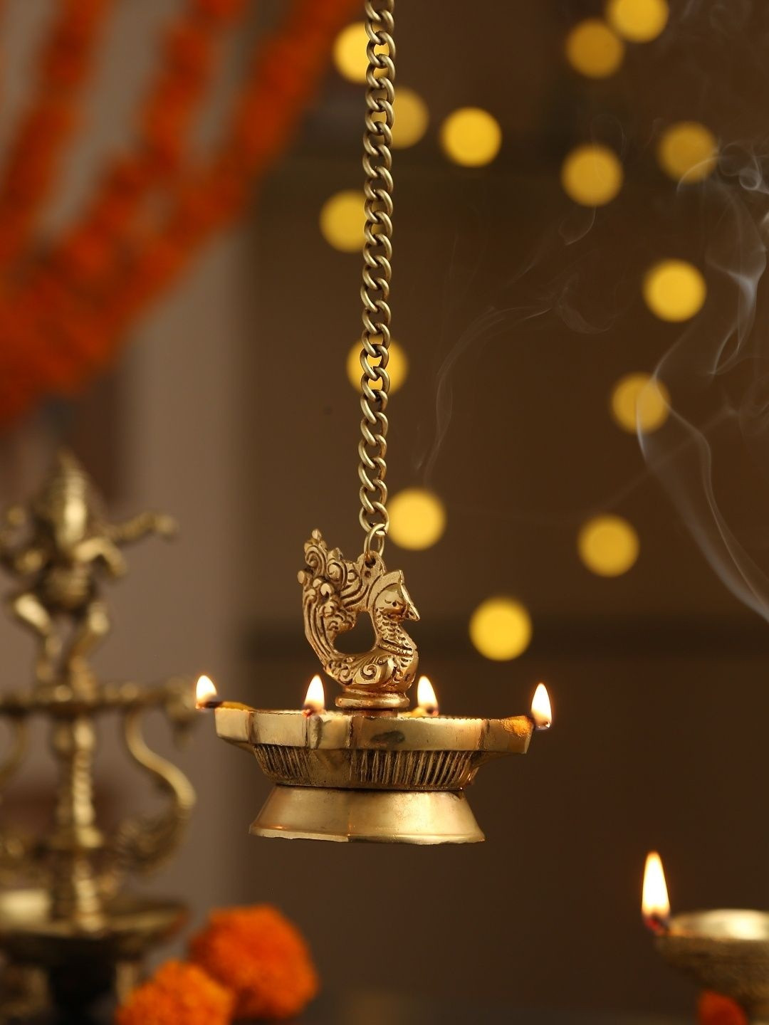 Revive Home Gold-Toned Peacock Hanging Diya With Four Side Lamp And Chain