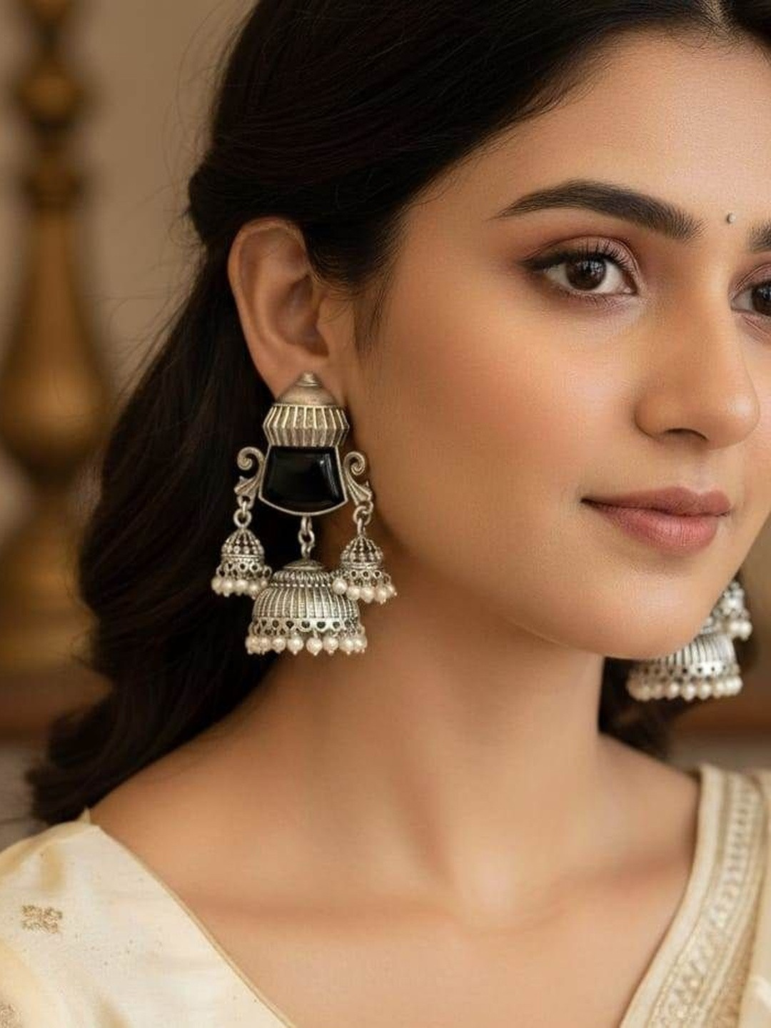 Jeweltos Silver-Plated Cat Eye Studded & Pearls Beaded Oxidised Dome Shaped Jhumkas