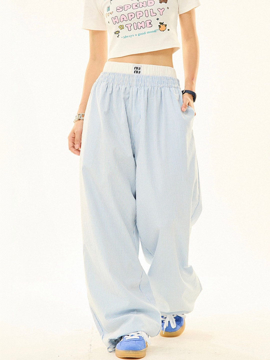 LULU & SKY Women New Basics Striped Elastic Waist Mid-Rise Trousers