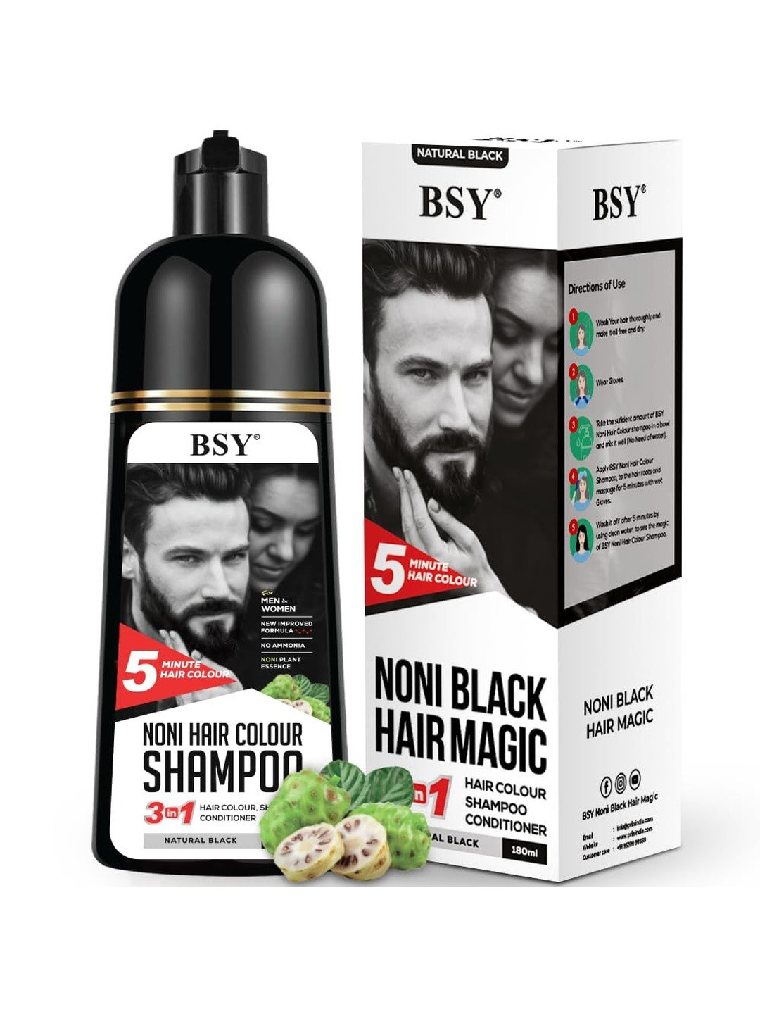 PRIIS BSY 3-In-1 Noni Hair Colour Shampoo - 180 ml - Natural Black