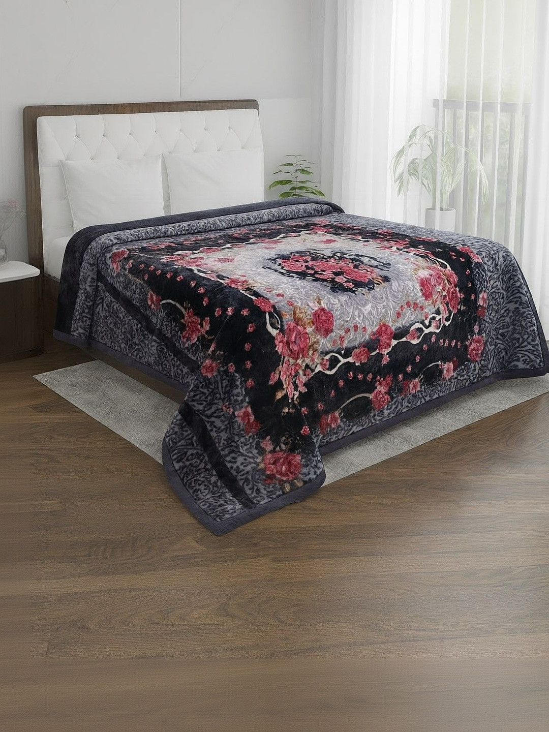 Signature Rolex Navy Blue & Grey Floral 1200 GSM Mink Heavy Winter Blanket