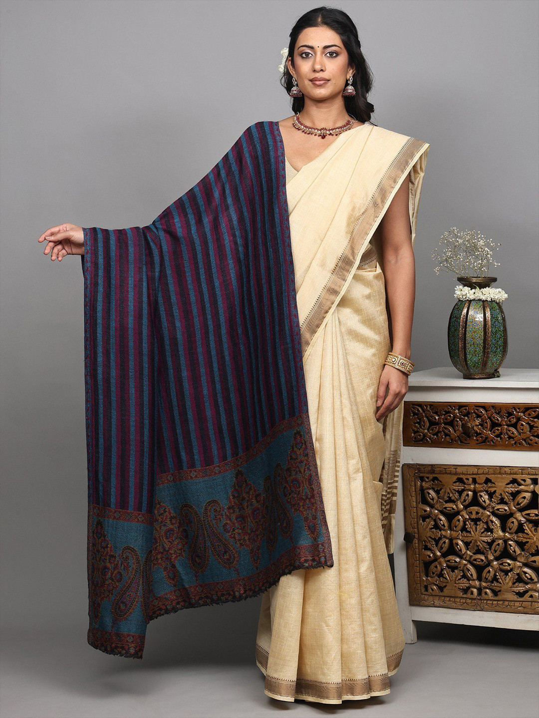 Exotic India Reversible Two-Ply Shawl With Woven Stripes & Paisley Palla from Amritsar
