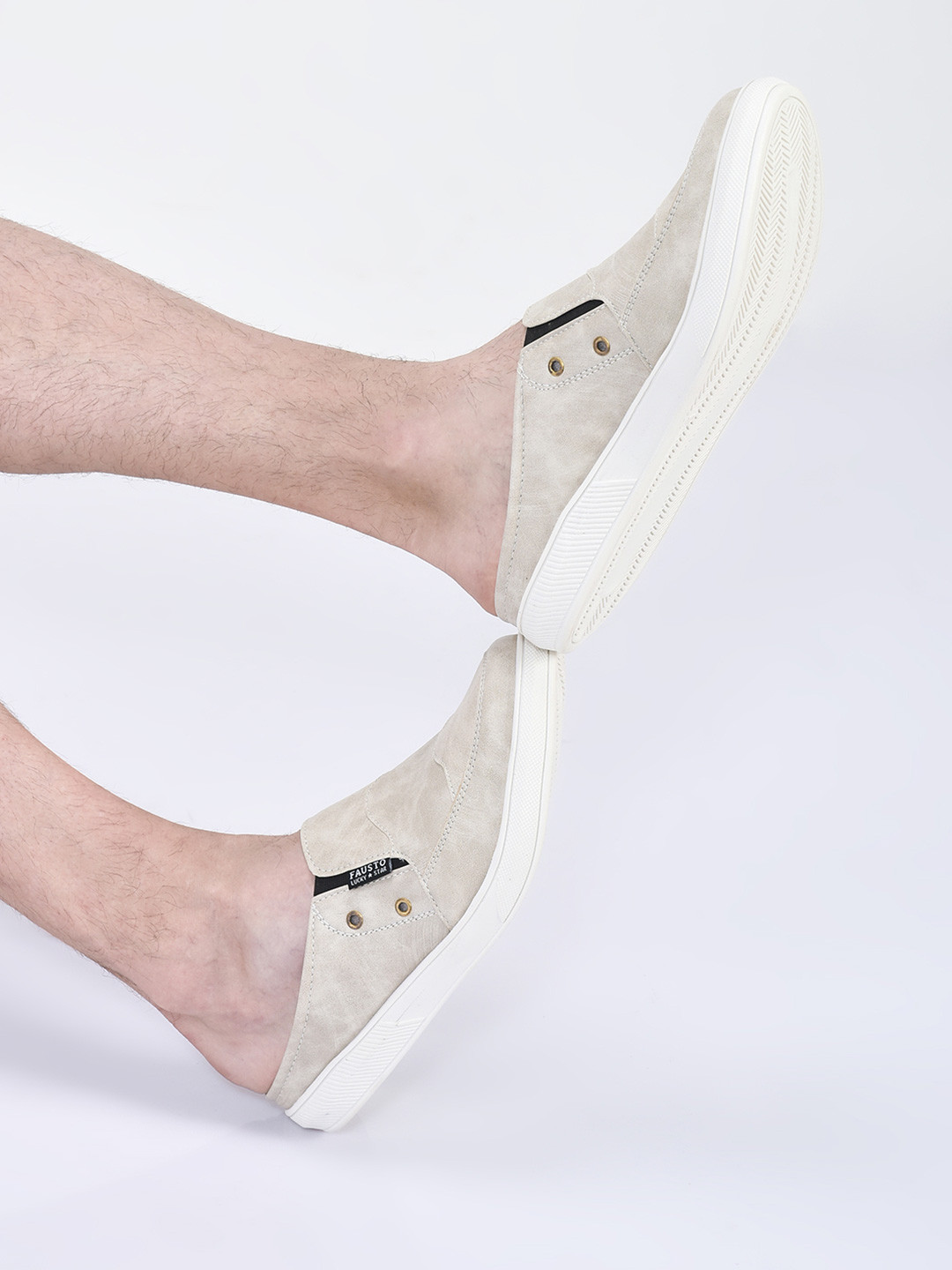 FAUSTO Men Cream-Coloured PU Slip-On Sneakers