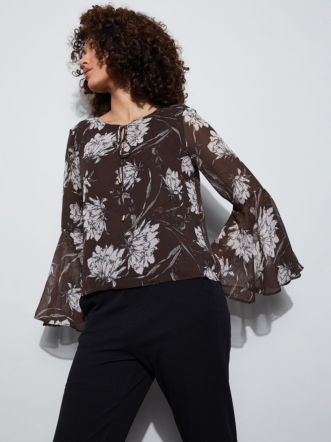 CODE by Lifestyle Floral Print Tie-Up Neck Bell Sleeve Top