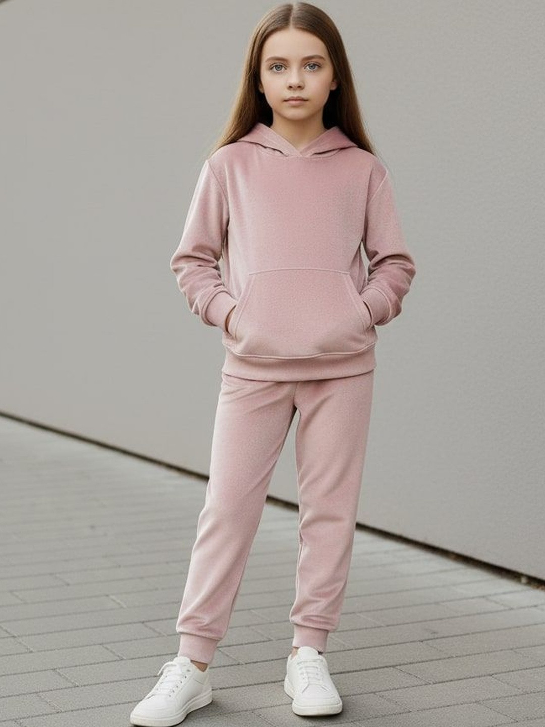 BAESD Girls Solid Hooded Neck Velvet Finish Track Suit