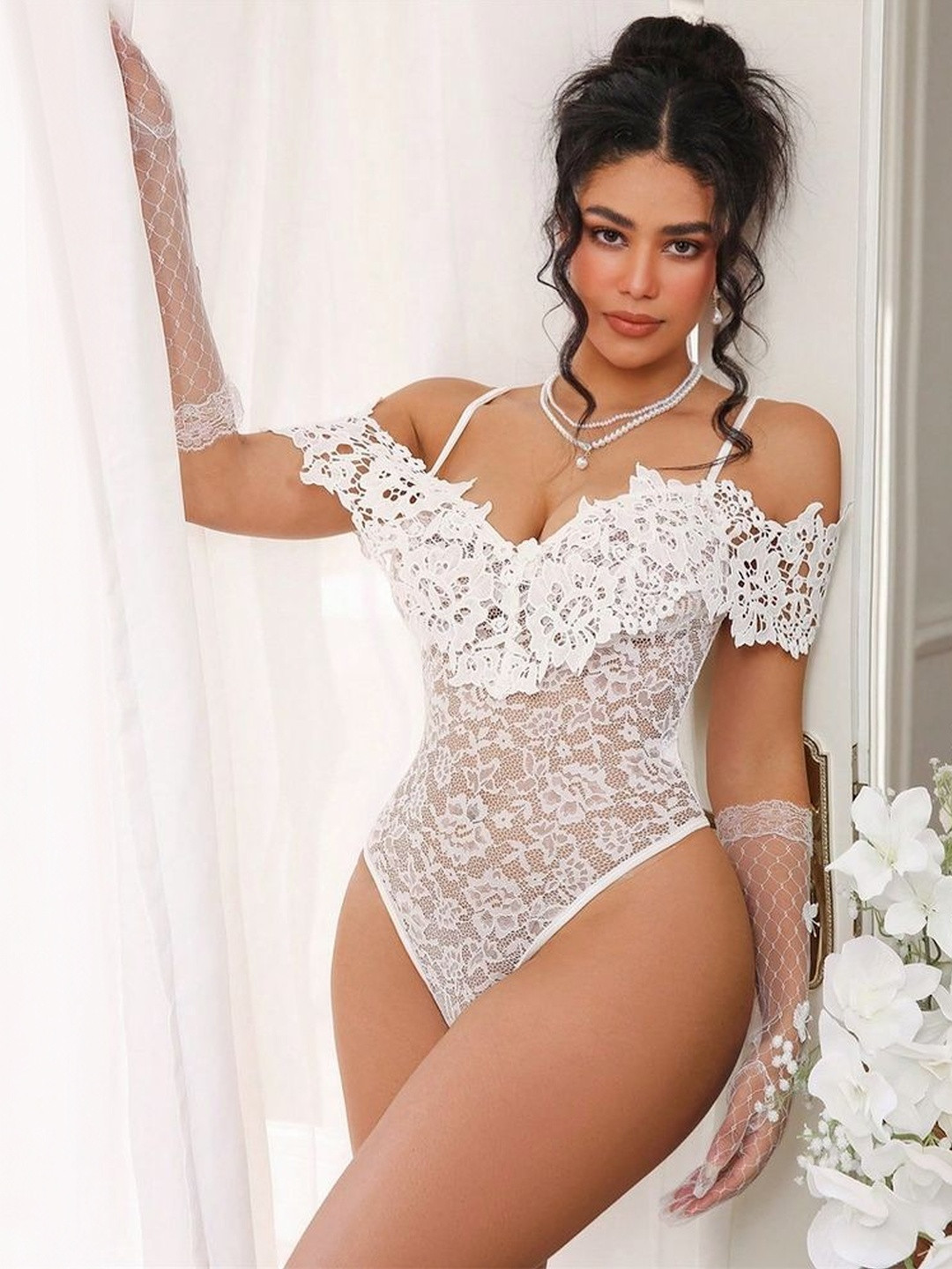 LULU & SKY Self Design Lace Floral Off Shoulder Baby Doll With Asymmetric