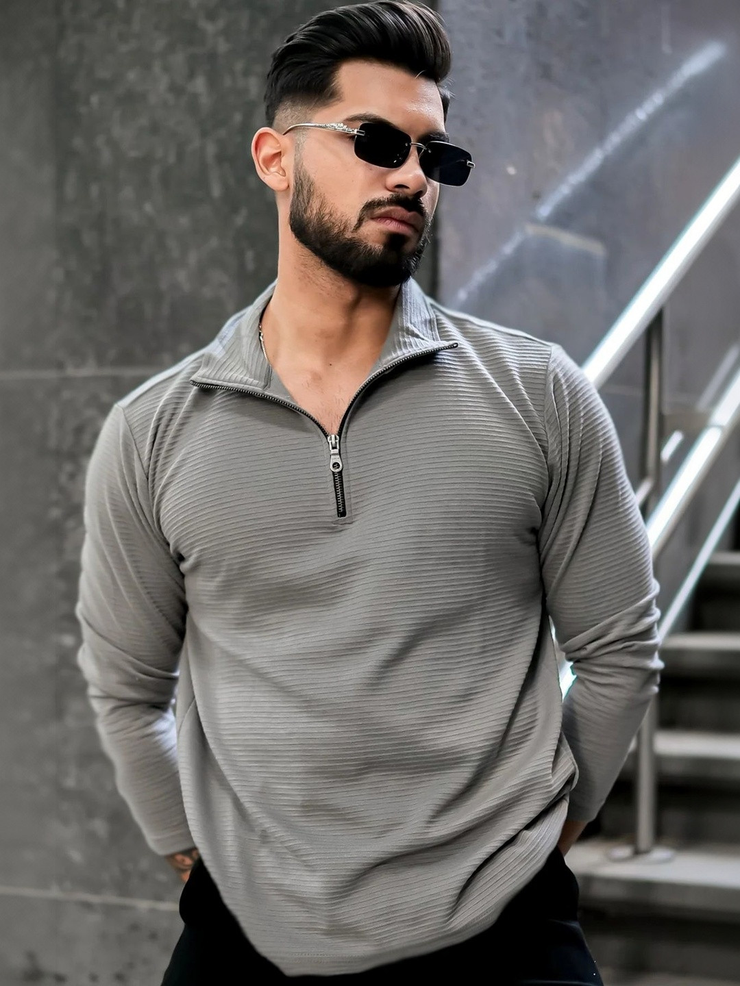 KAJARU Men Striped Polo Collar Long Sleeve T-shirt