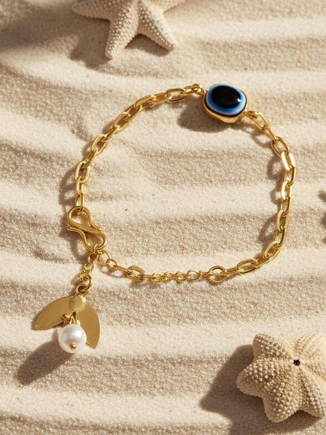 MISS ASTUTE Gold-Plated Evil Eye Pearls Beaded Link Bracelet