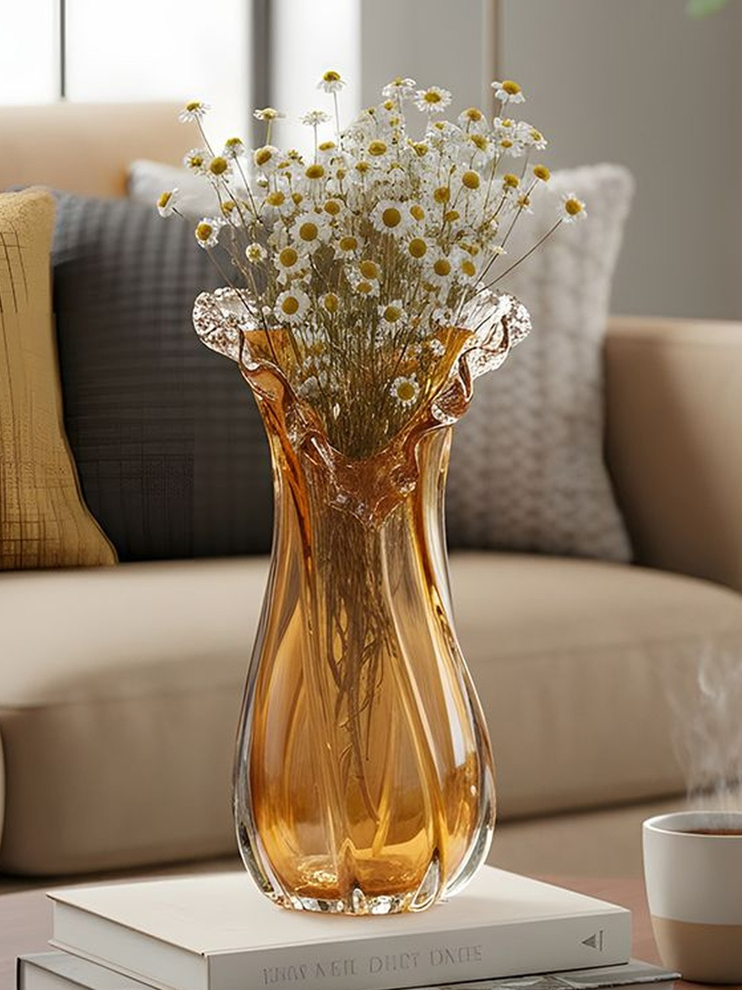 AARVI DECOR STUDIO Yellow Textured Jug Shaped Flower Vase