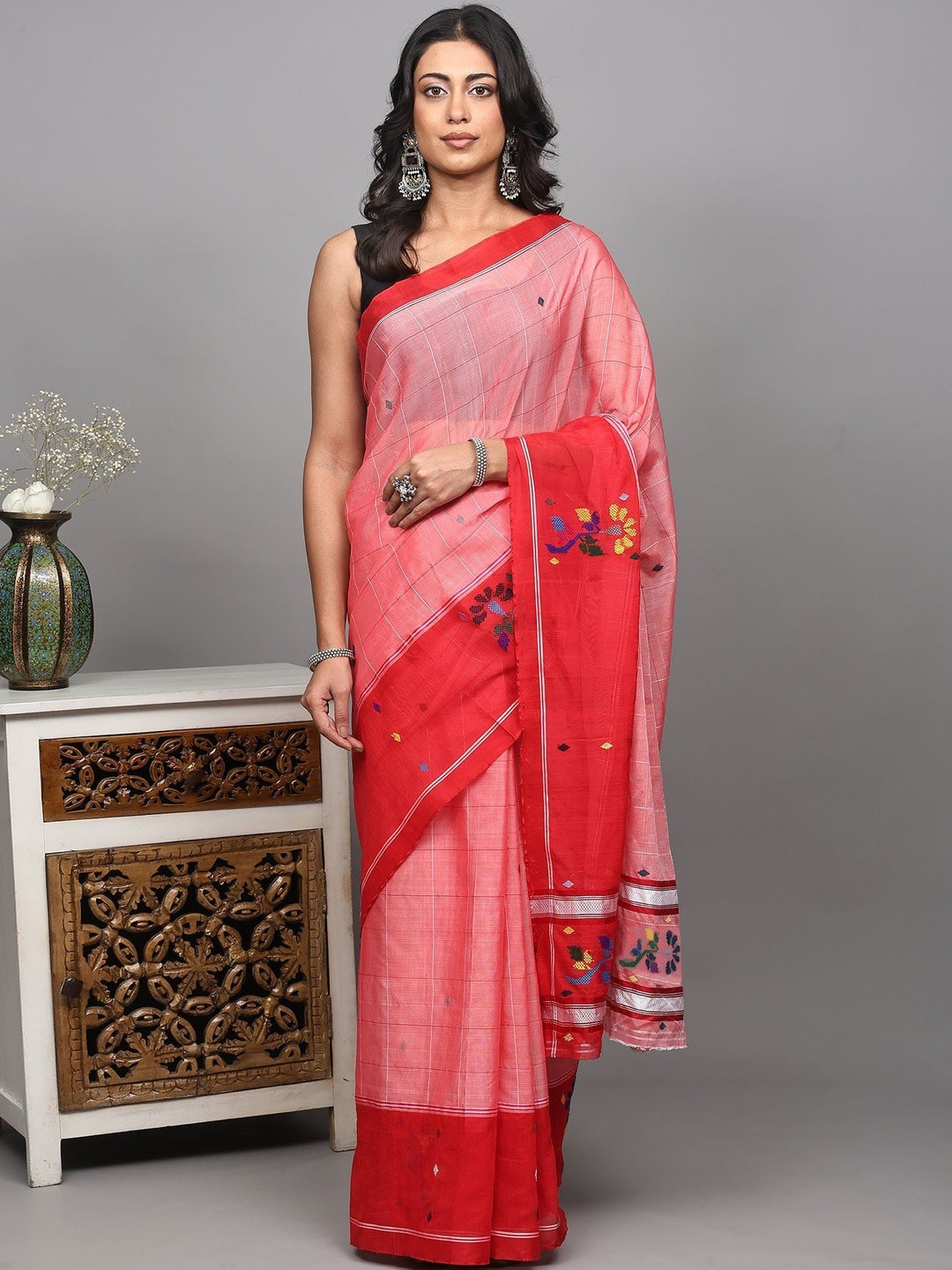 Exotic India Floral Chedi Butta Saree with Woven Graph Checks and Wide Border