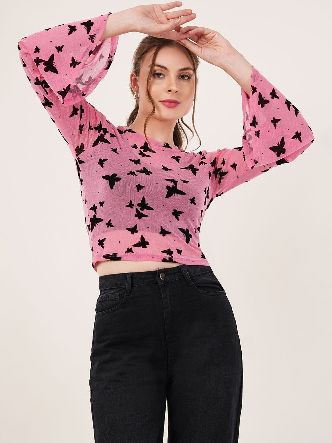 clobug Print Flared Sleeve Net Crop Top