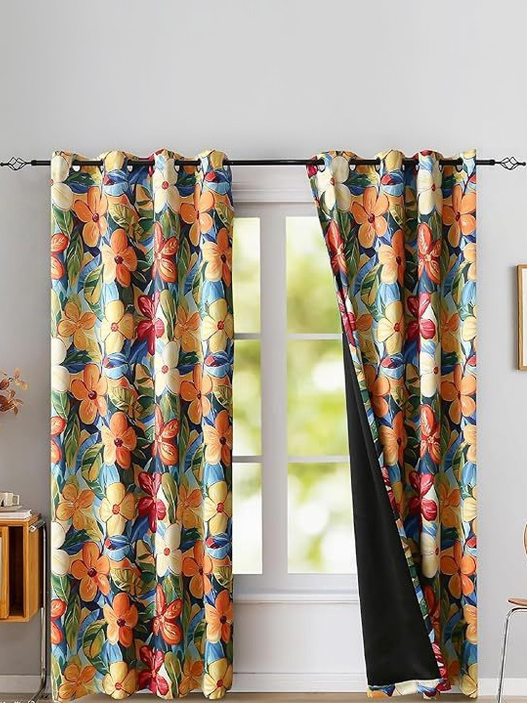 BFAM Orange Floral Thermal Insulated 2 Pieces Door Black Out Eyelet Curtains