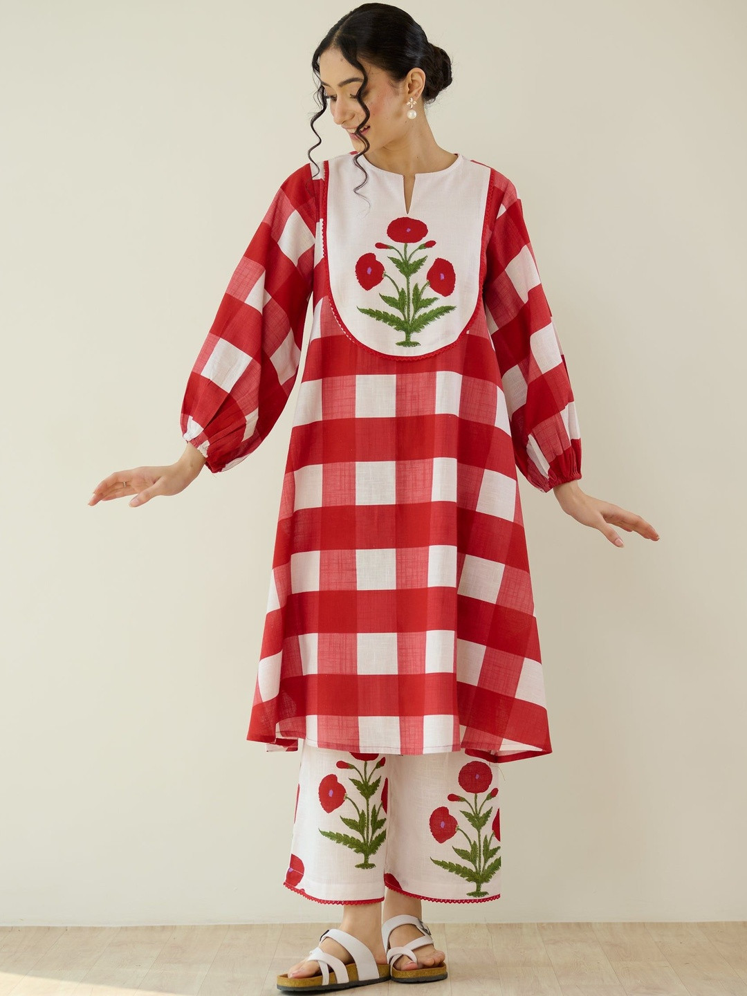 Rustorange Old School Checked Notch Neck Pure Cotton A-Line Kurta With Palazzos