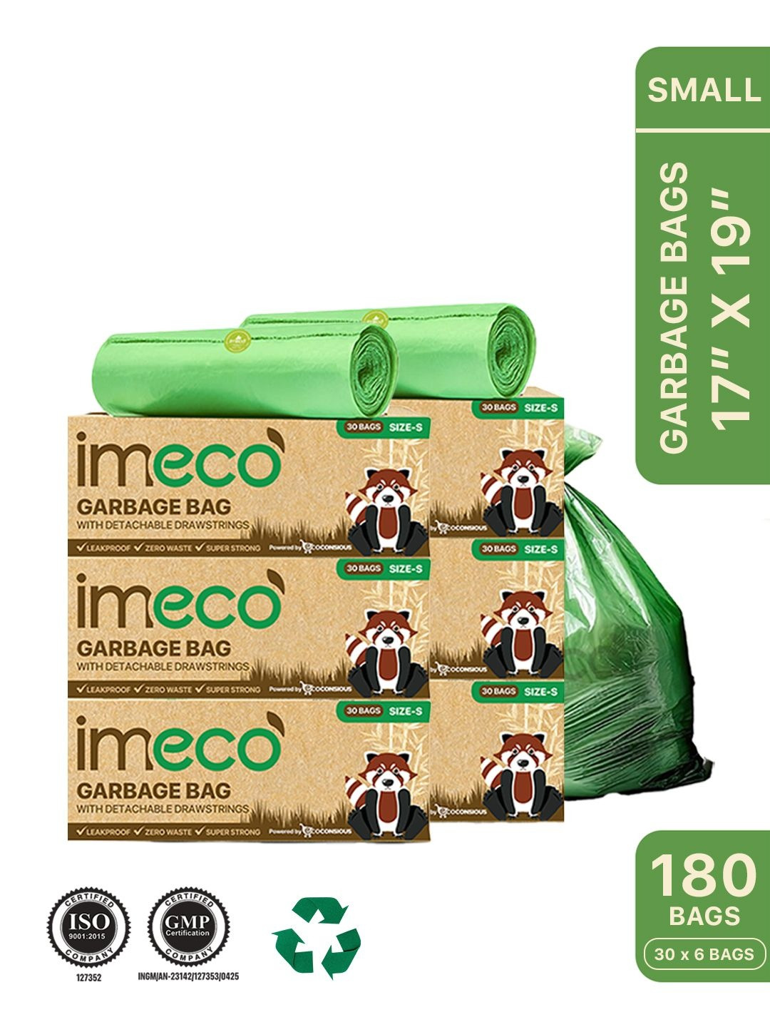 IMECO Pack Of 6 Green Eco-Friendly Garbage Bags With Detachable Drawstrings