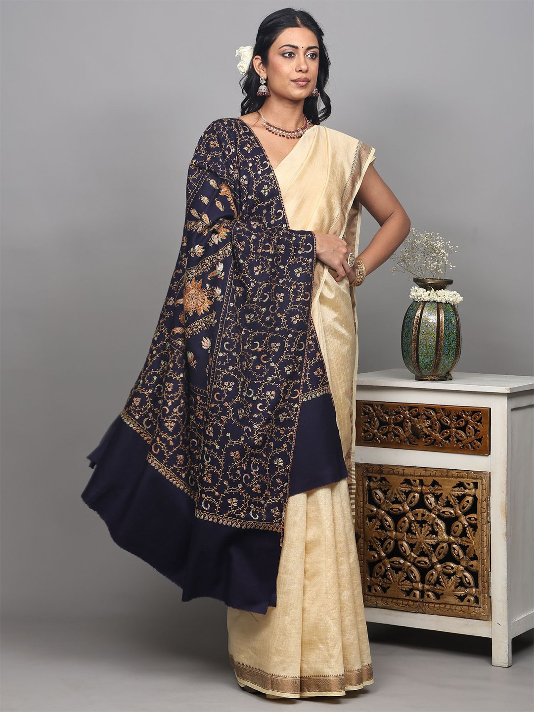 Exotic India Pure Wool Shawl With Sozni Embroidered Paisleys And Jaal Border From Kashmir