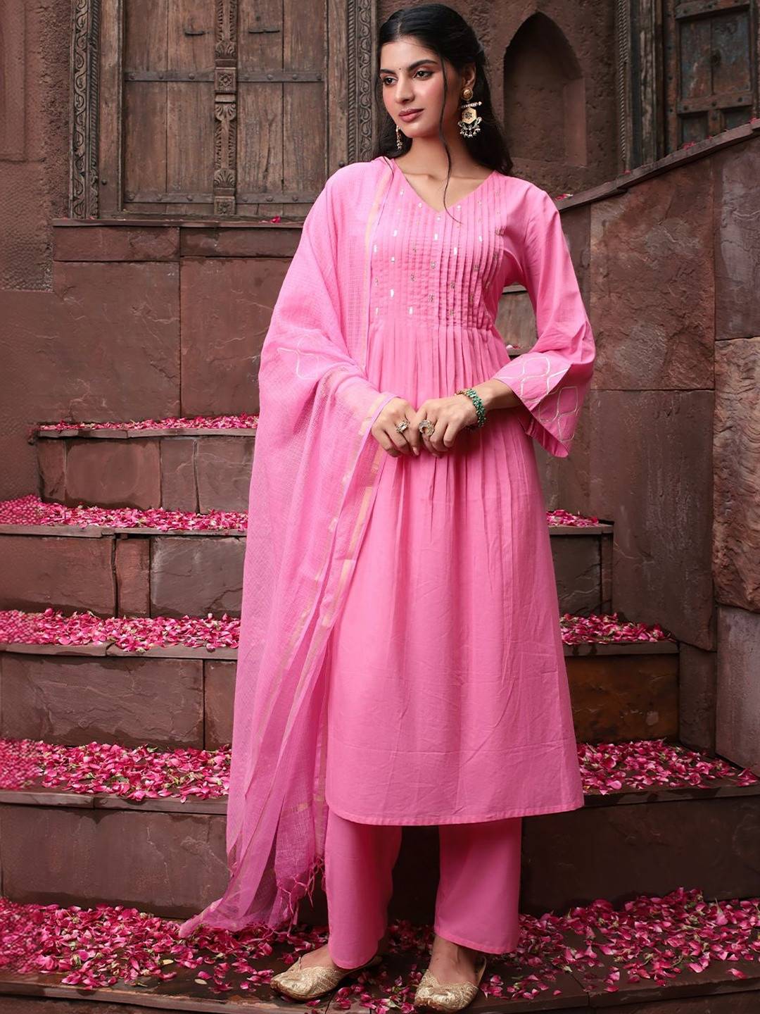 ARAVALII V-Neck Long Sleeves Pleated Sequinned A-Line Kurta With Trousers & Dupatta