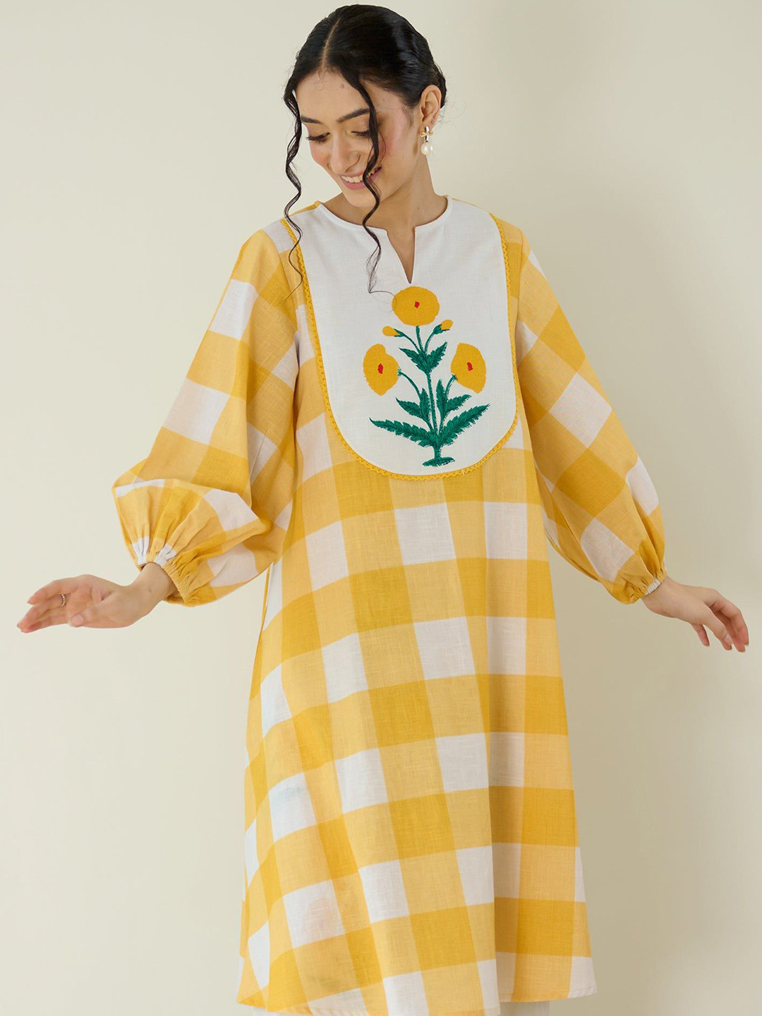 Rustorange Old School Checked Notch Neck Thread Work Pure Cotton A-Line Kurta