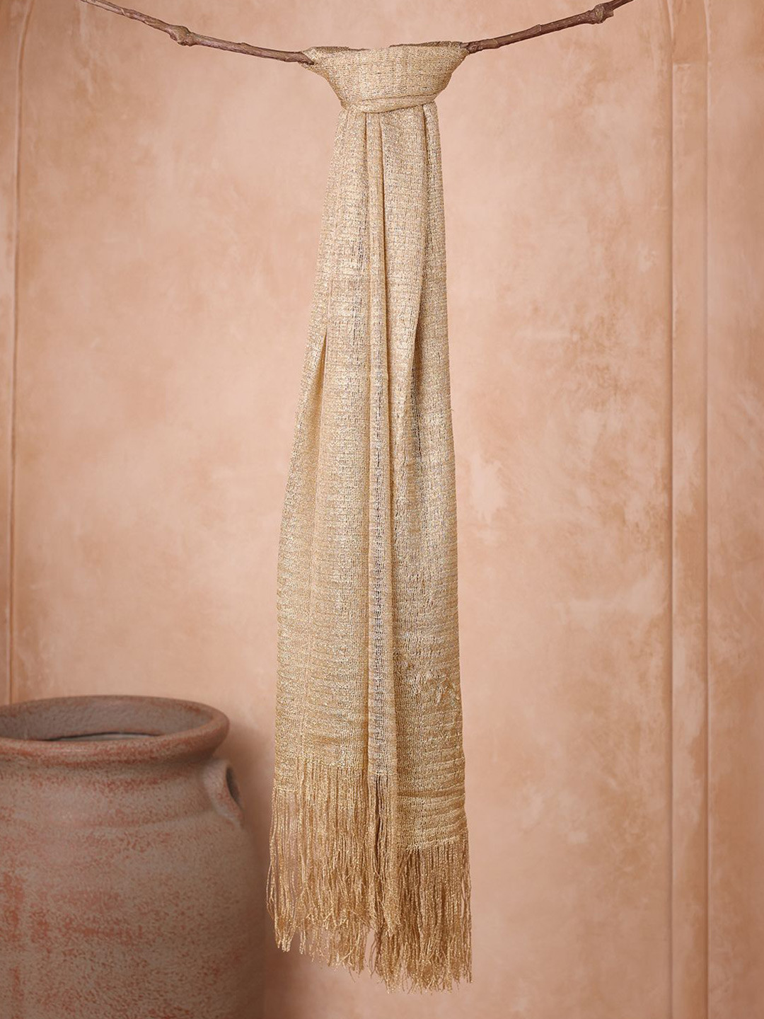 ToniQ Women Gold Zari Weave Scarf with Fringe