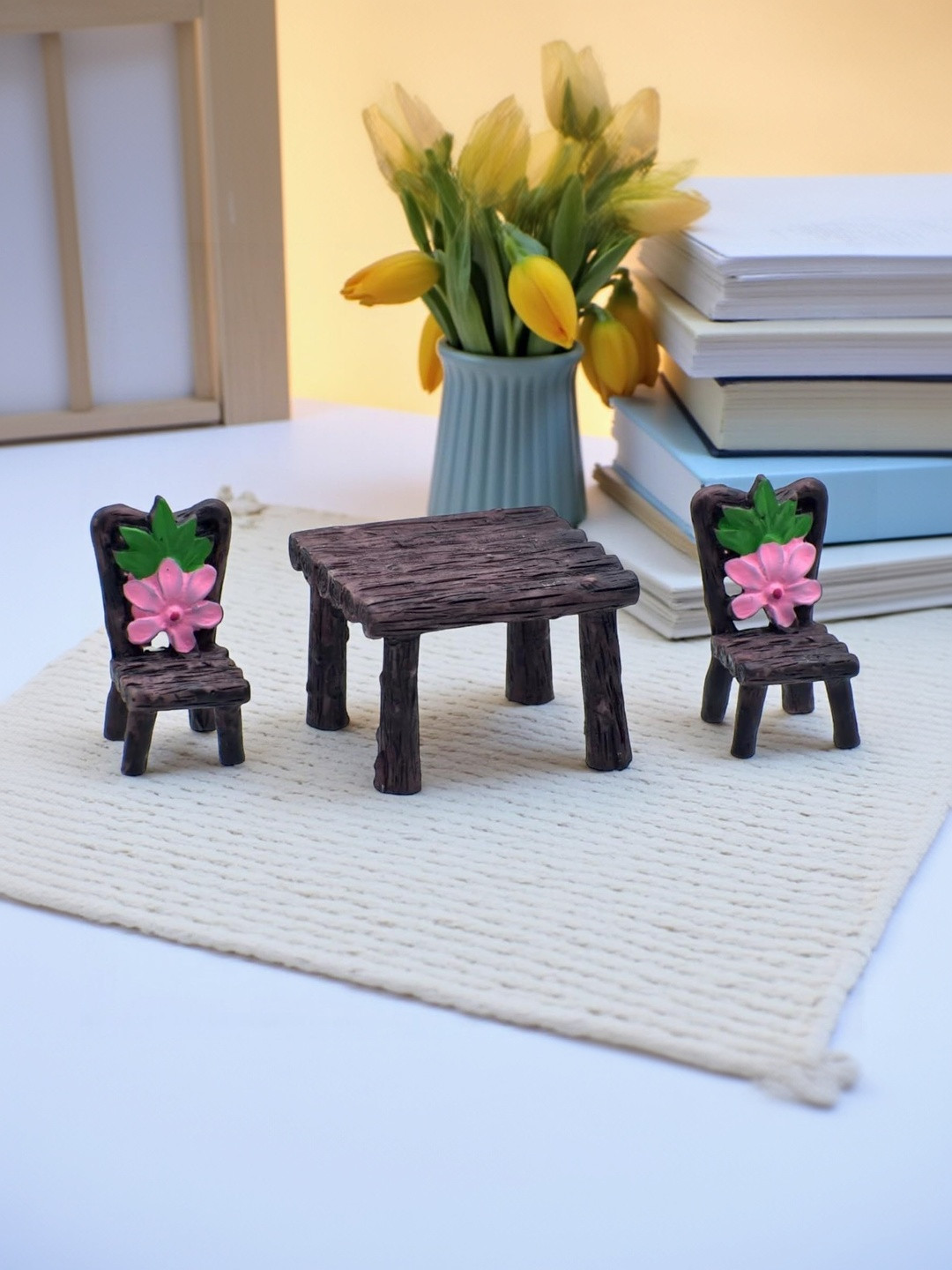 Ascension Brown And Pink 3 Pieces Table And Chair Miniature Figurine Showpieces