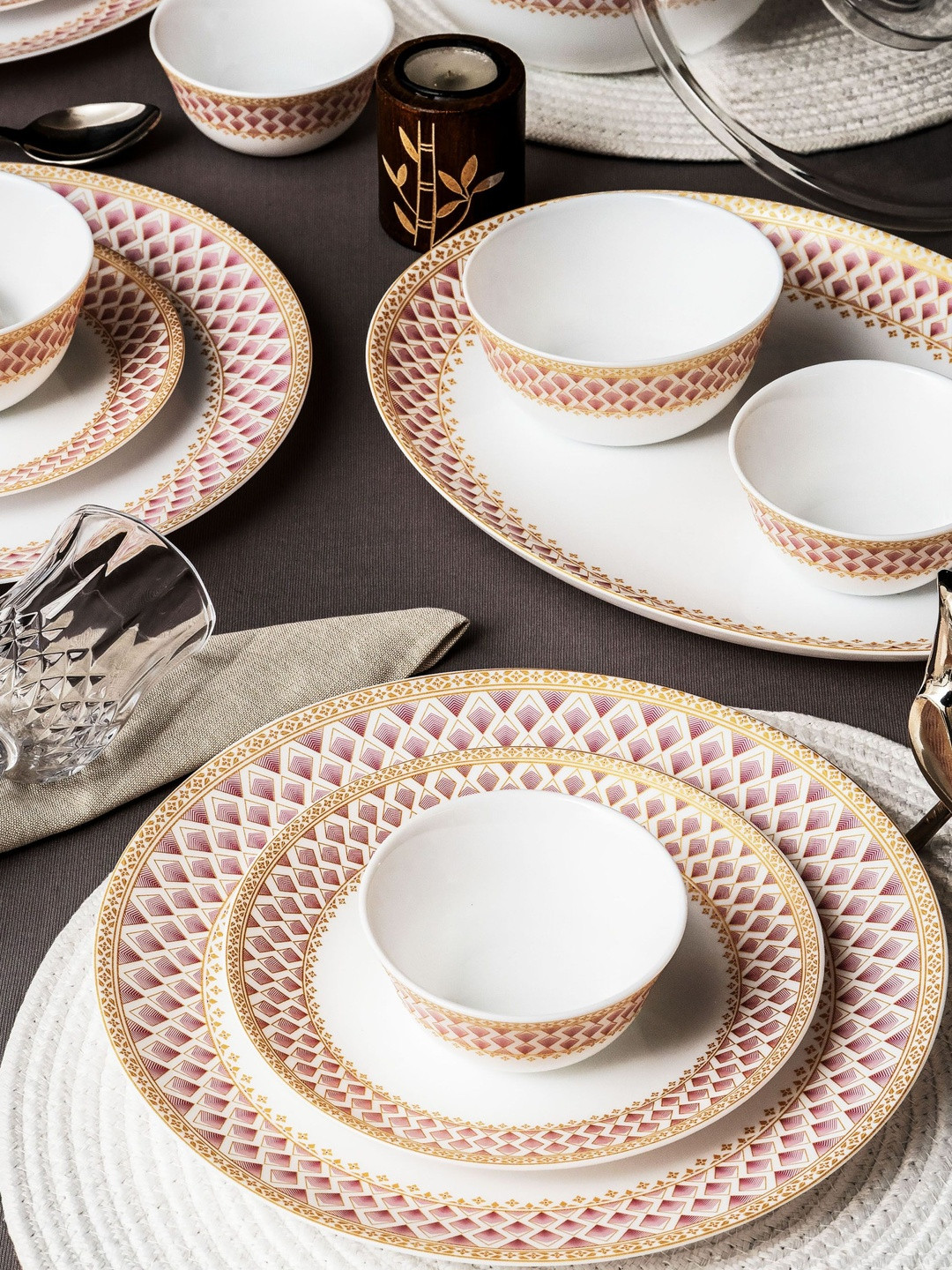 Cello White Geometric Printed 29 Pieces Opalware Dishwasher and Microwave Safe Dinner Set