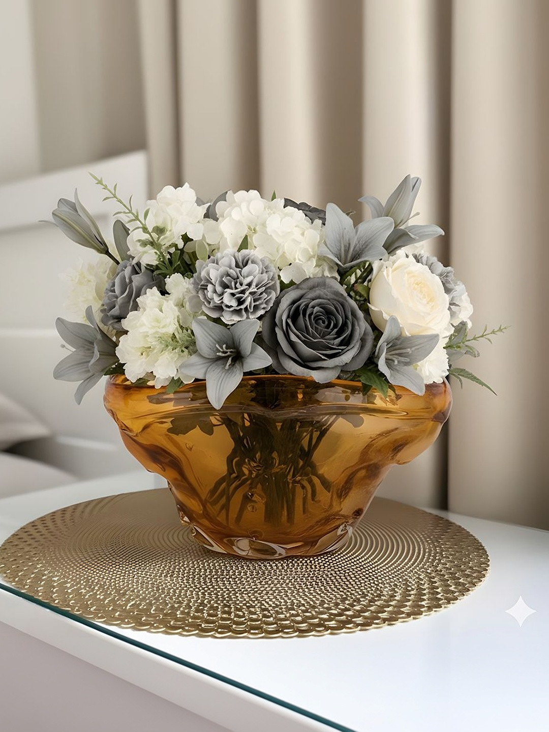 AARVI DECOR STUDIO Yellow Textured Bowl Shaped Flower Vase