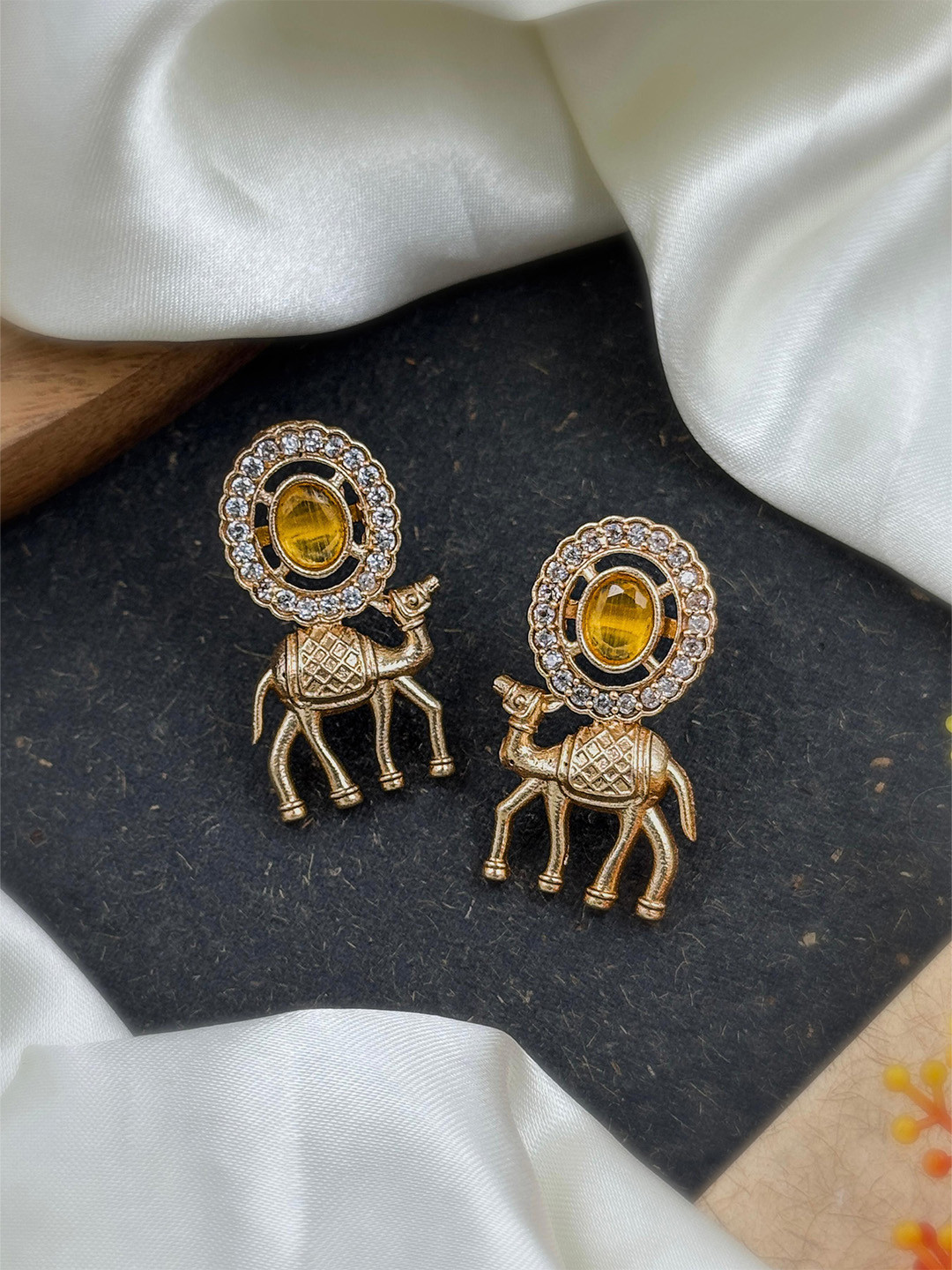 NAMAN ARTS Rose Gold-Plated Artificial Stones Studded & Beaded Oxidised Drop Earrings