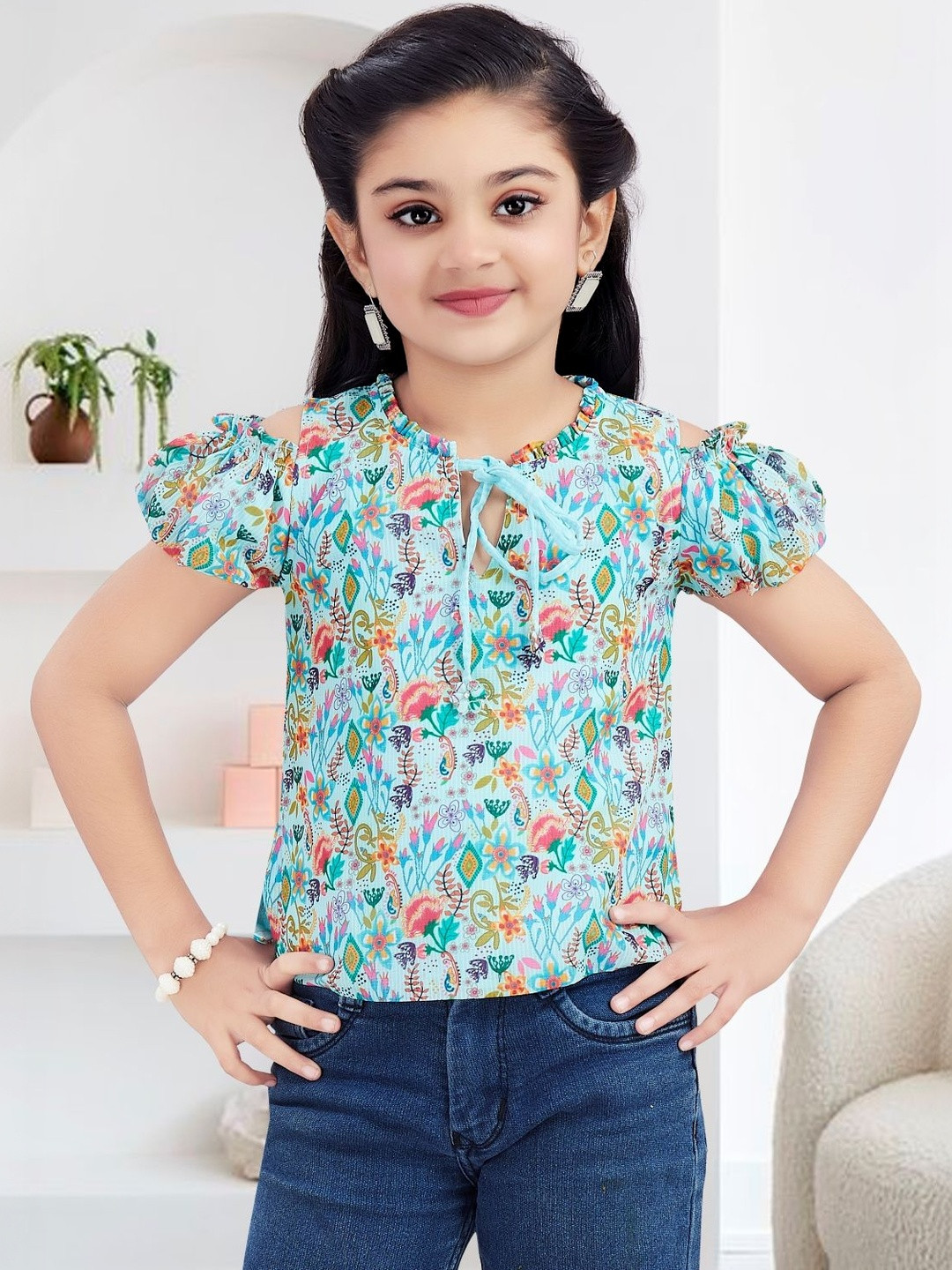 Lei-Chie Girls Floral Print Tie-Up Neck Puff Sleeve Georgette Top