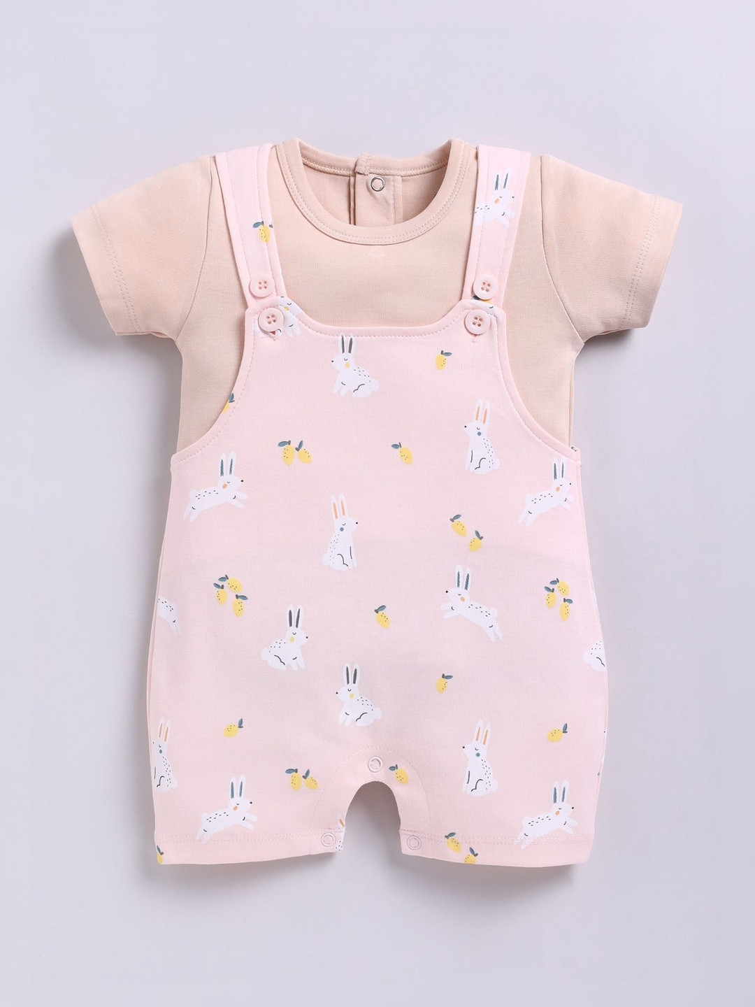 BABY GO Kids Printed Cotton Buttoned Short Dungarees With T-shirt