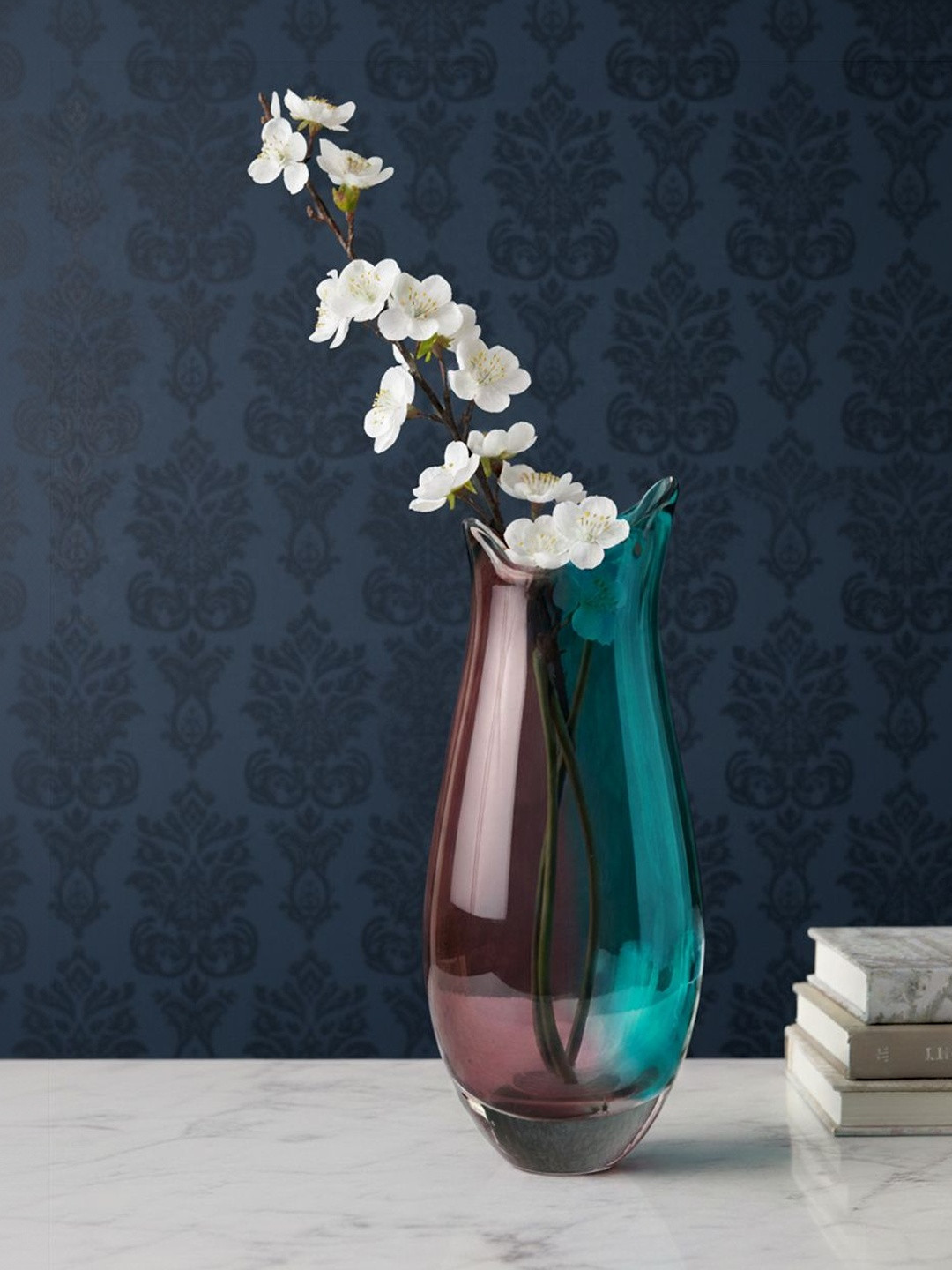 AARVI DECOR STUDIO Ocean Rose Blue & Pink Printed Flower Vase