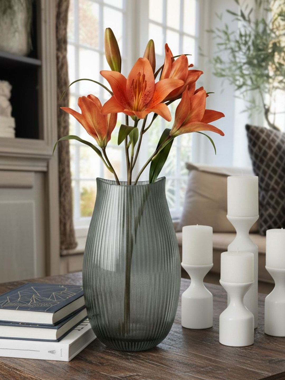 AARVI DECOR STUDIO Elysium Grey Textured Glass Flower Vase