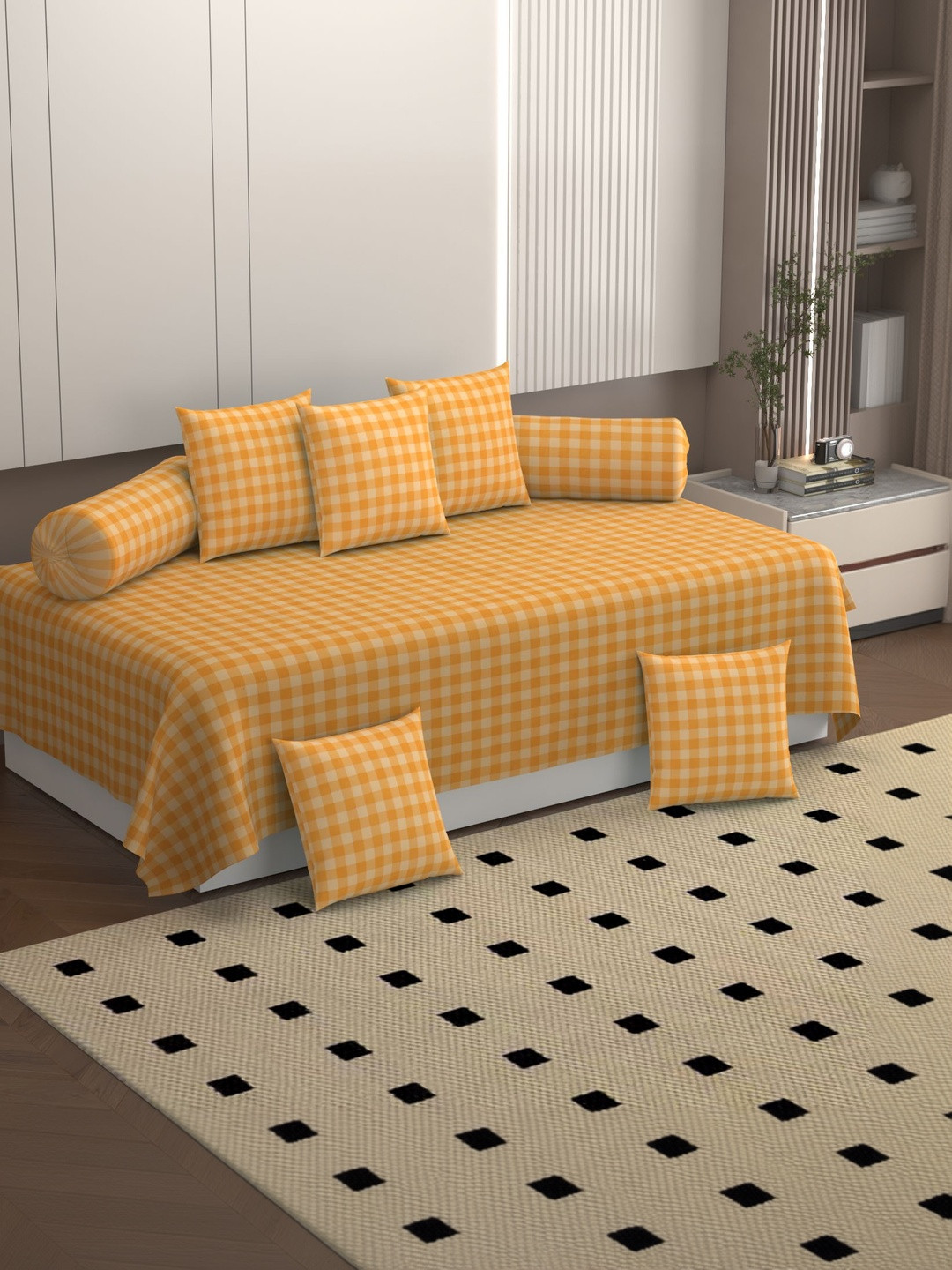 BELVOSTUM 8-Pcs Orang Checked Superfine Cotton Bedsheet With Bolster & Cushion Covers