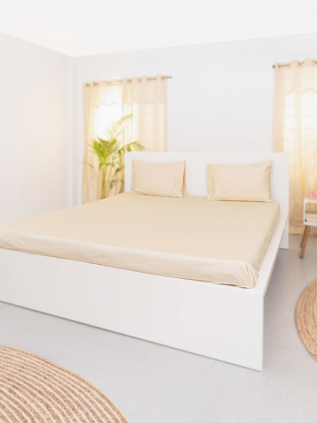 Oyvu Beige Cotton Soft Feel 700 TC King Bedsheet with 2 Pillow Covers 108 x 108 Inch