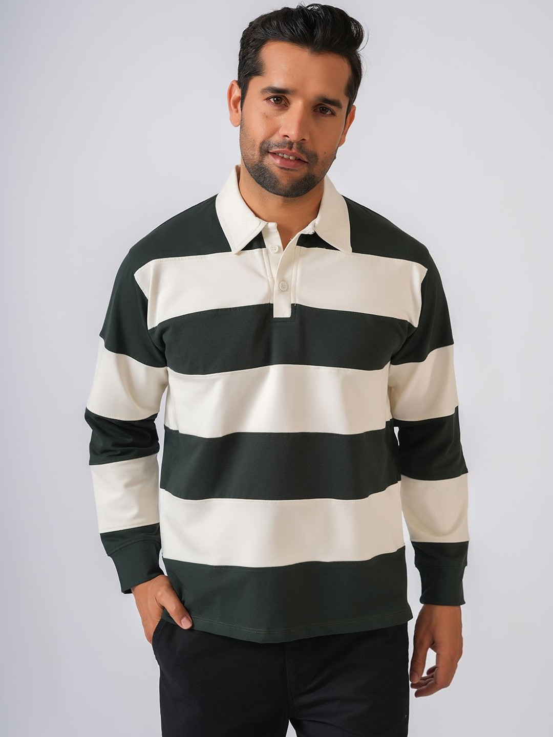 PERCH Men Striped Polo Collar Long SLeeve T-shirt