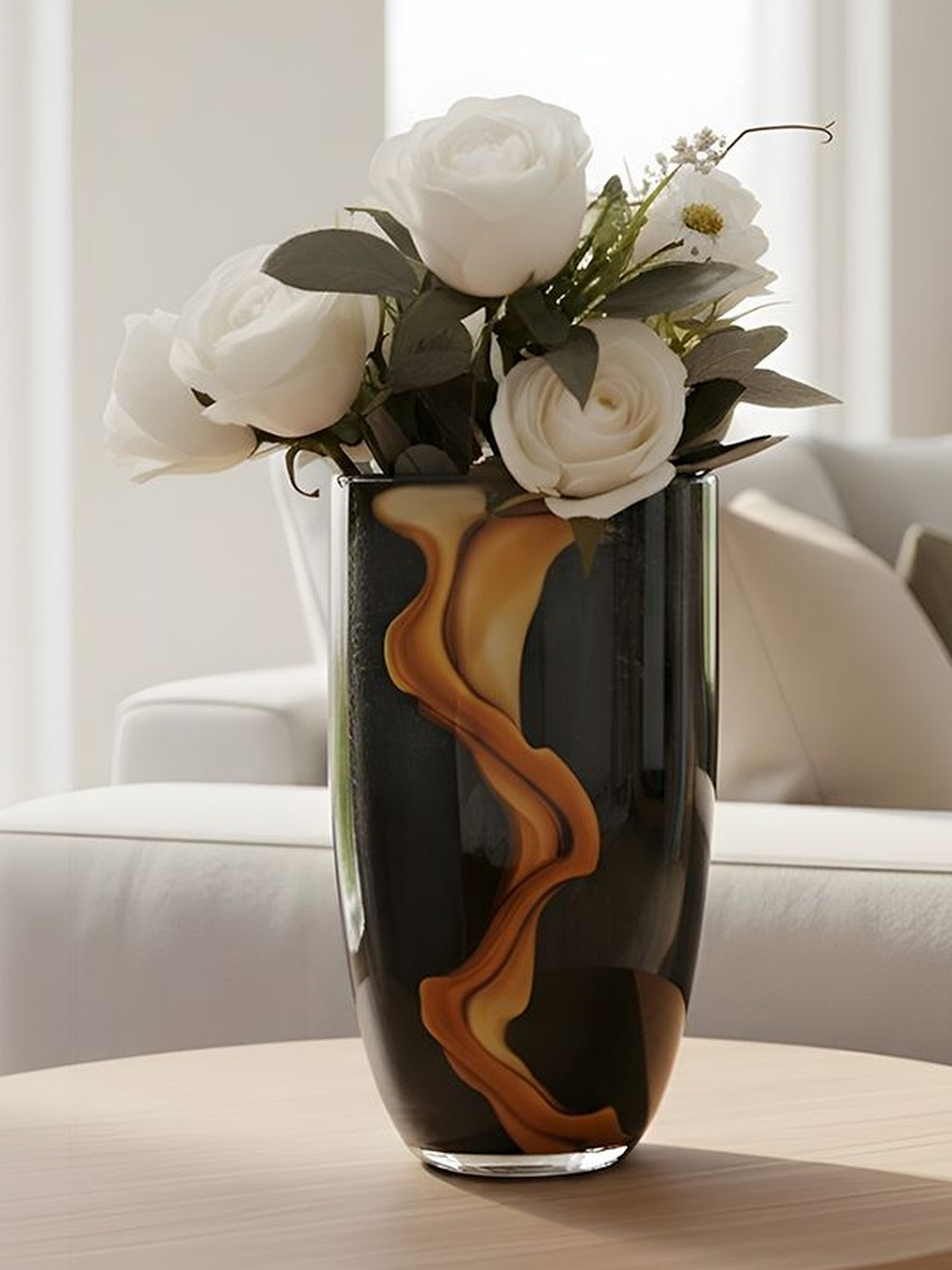 AARVI DECOR STUDIO Midnight Crest Black & Yellow Printed Flower Vase