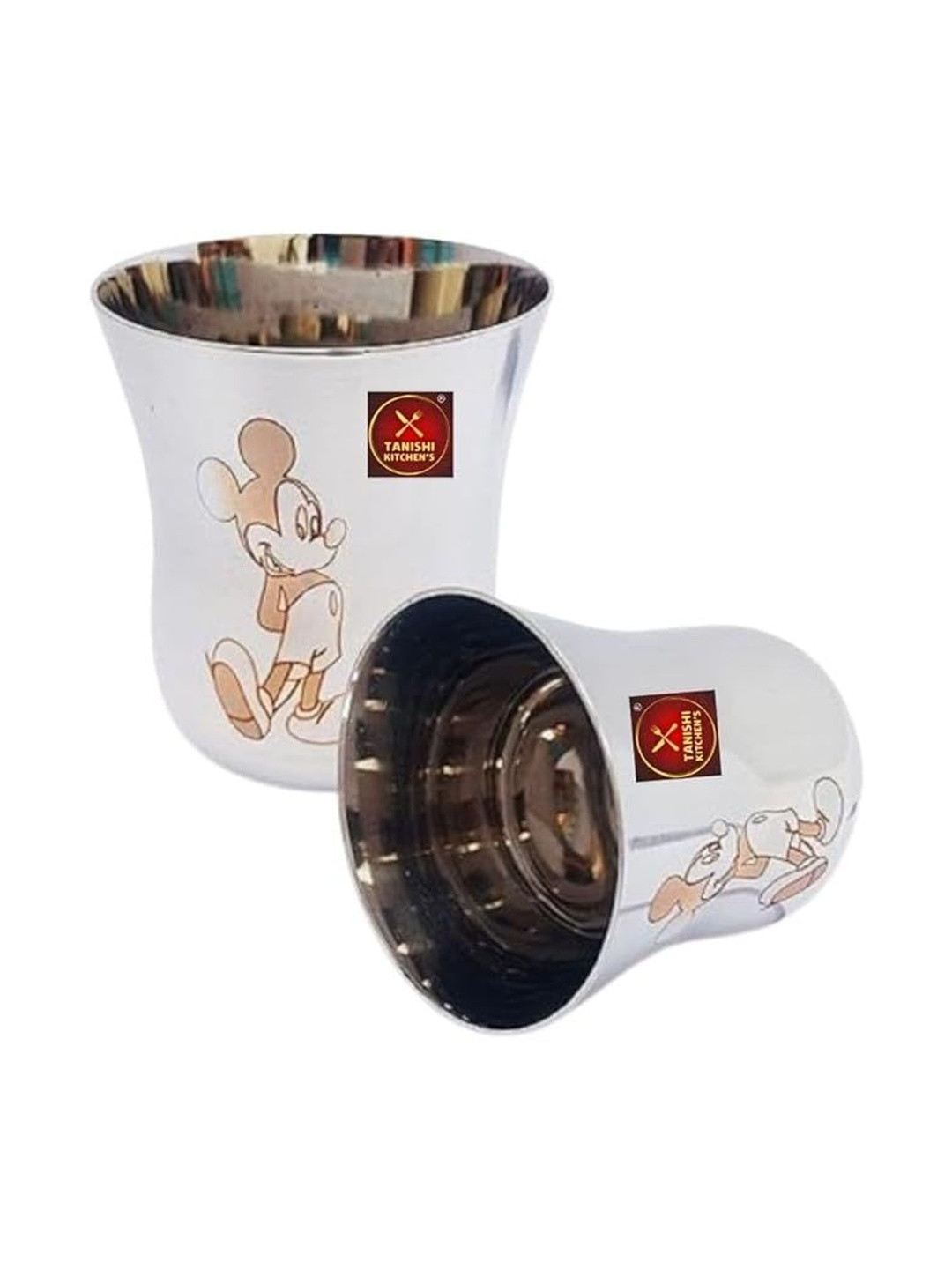 TANISHI KITCHEN'S Set OF 2 Grey & Brown Mickey Mouse Printed Stainless Steel Water Glasses