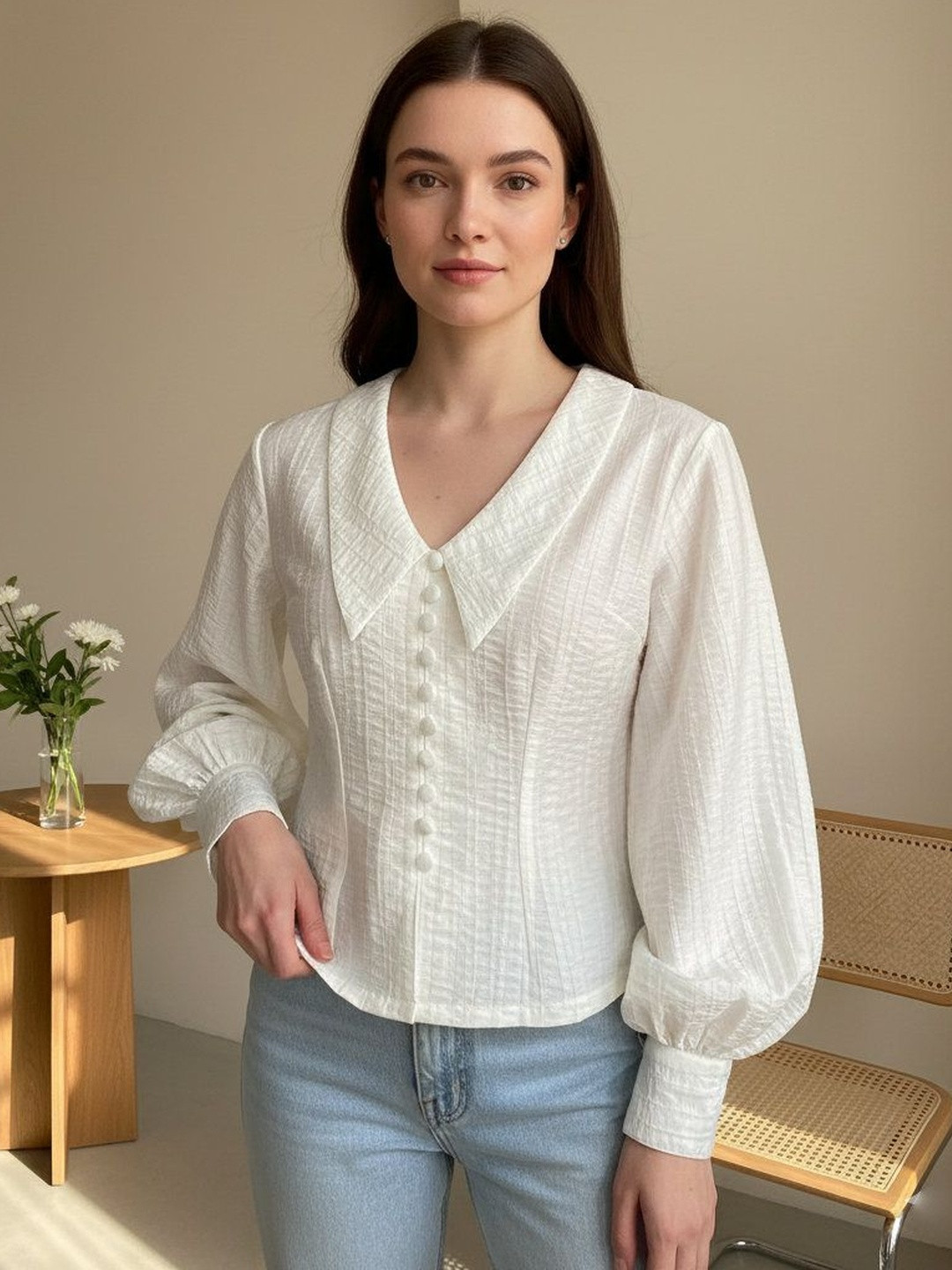 U&F Peter Pan Collar Puff Sleeve Top