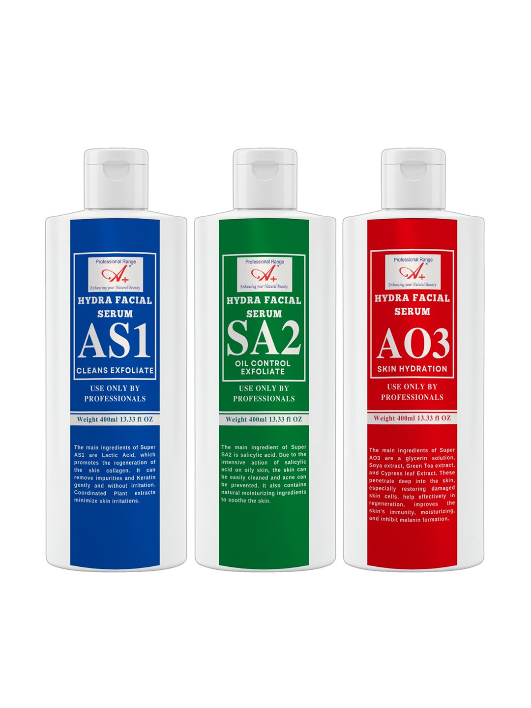 A+ Professional Range Set Of 3 Hydra Facial Serums SA1 & SA2 & AO3 - 400 ml Each