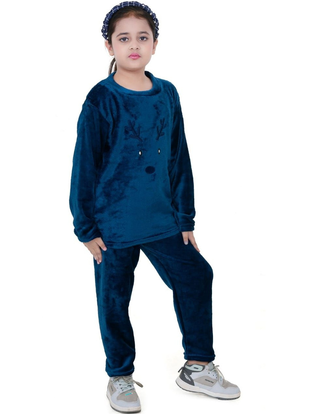 US TRENDZ Girls Woolen Moose Printed Top with Trousers Night Suit Set