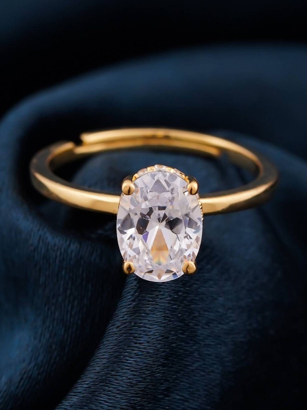 Zalkari Gold-Plated Cubic Zirconia-Studded Oval Solitaire Finger Ring