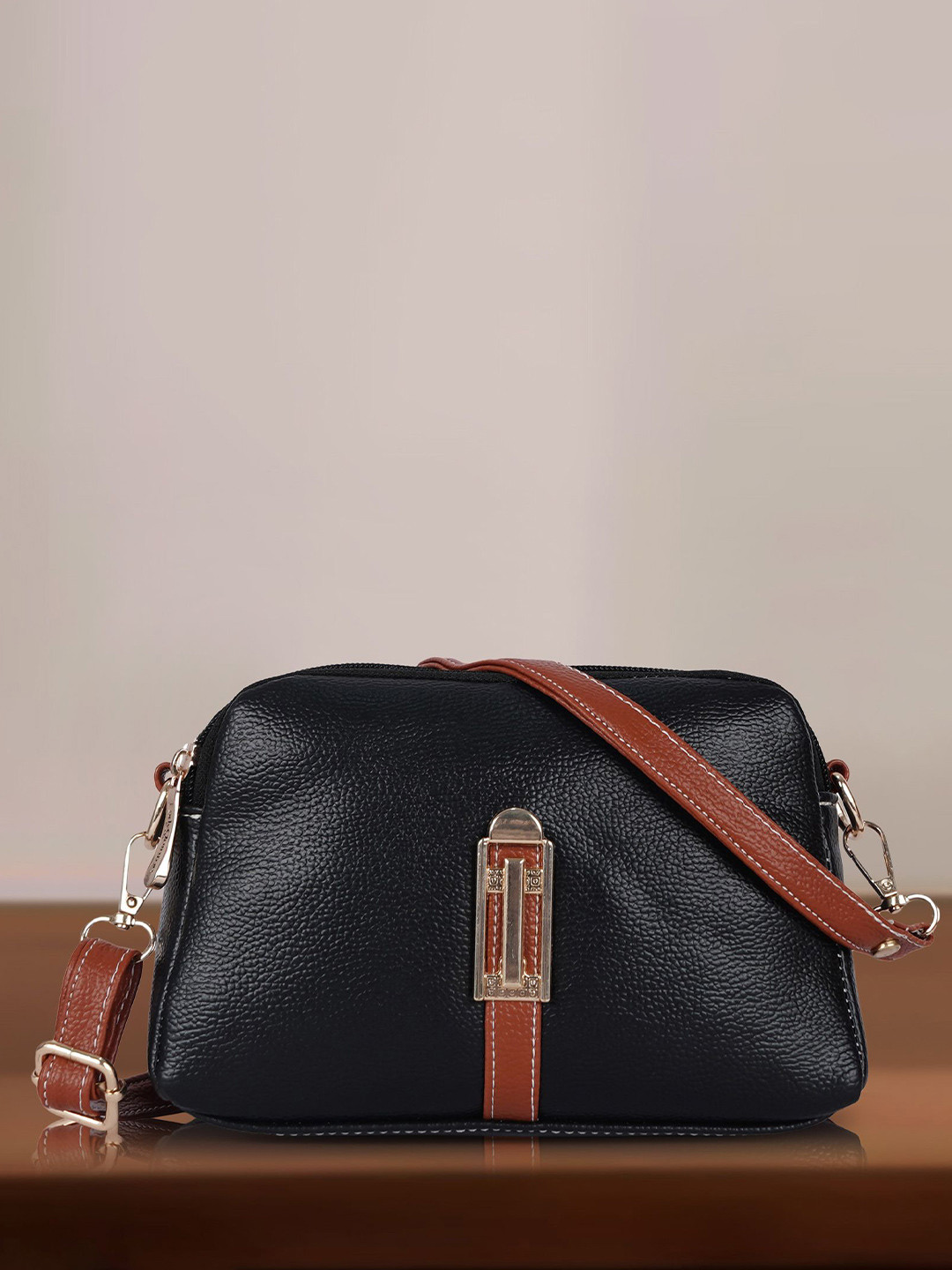 LADY QUINTON Colourblocked PU Half Moon Sling Bag with Tasselled