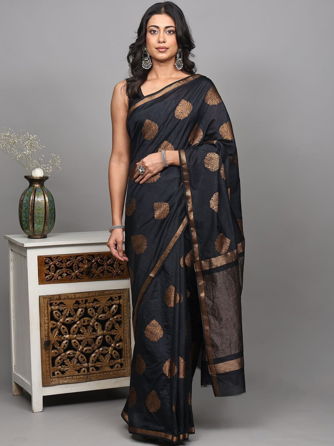 Exotic India Women Woven Paisley Butta and Striped Pallu Zari Art Silk Saree