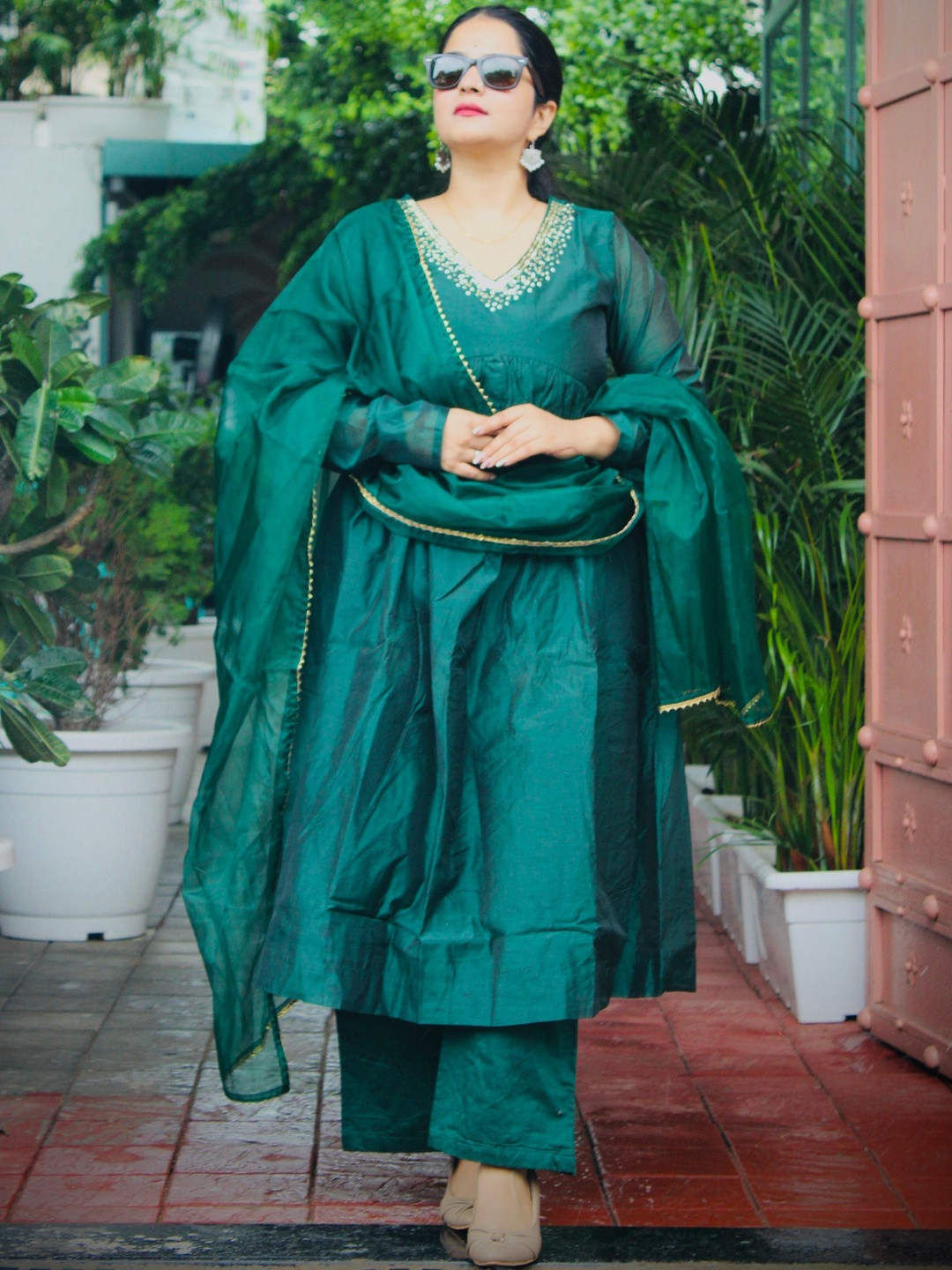 THE LABEL RANGKARI Empire Thread Work Chanderi Silk Kurta With Palazzos & Dupatta
